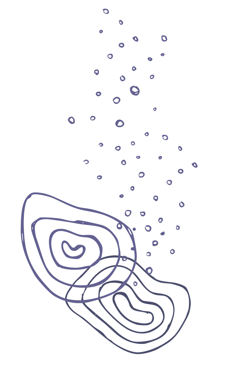 Handgezeichnete Grafik mit zwei überlappenden, organisch geformten Ringstrukturen am unteren Bildrand und vielen kleinen kreisförmigen Punkten, die von oben nach unten wie fallende Impulse oder Tropfen wirken. das Graphik ist dunkelviolett.