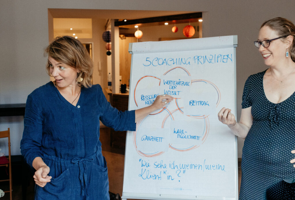 Ondinee Delavelle und Kersten Kloser-Picher stehen an einem Flipchart während eines Workshops. 