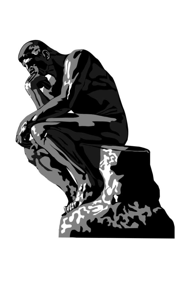 Illustration in Anlehnung an Auguste Rodins Skulptur ‚Der Denker‘: eine sitzende, nachdenkliche Figur als Symbol für Innenschau, Zweifel und stille Reflexion.