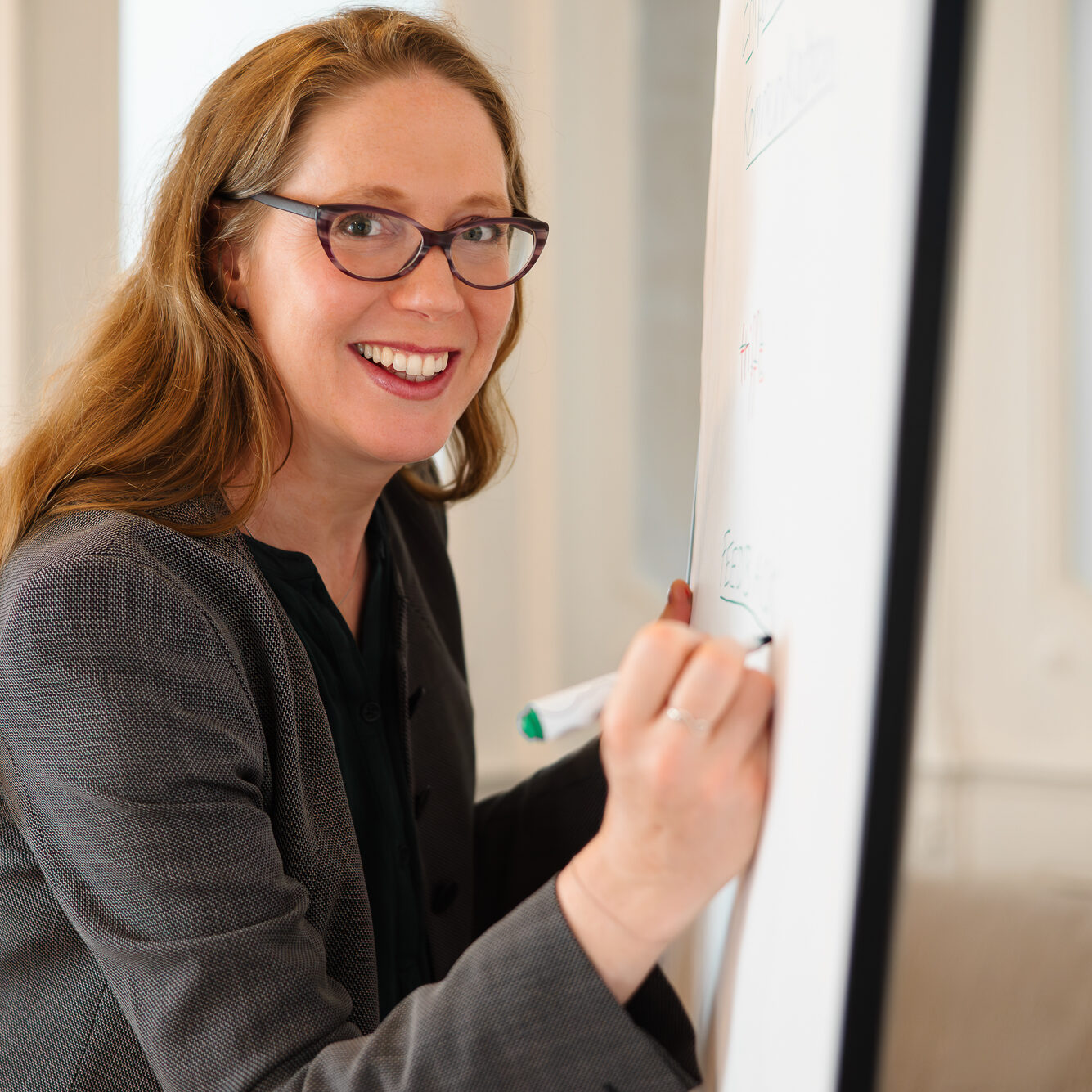 Ondine Delavelle mit offenen Haaren und grauem Blazer steht seitlich an einem Flipchart und schreibt mit einem Stift darauf, während sie lächelnd in die Kamera blickt; der helle Raum im Hintergrund bleibt weich unscharf.